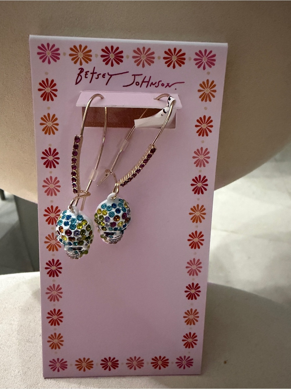 Betsey Johnson Gold-Tone Multicolor Crystal Skull Dangle Earrings